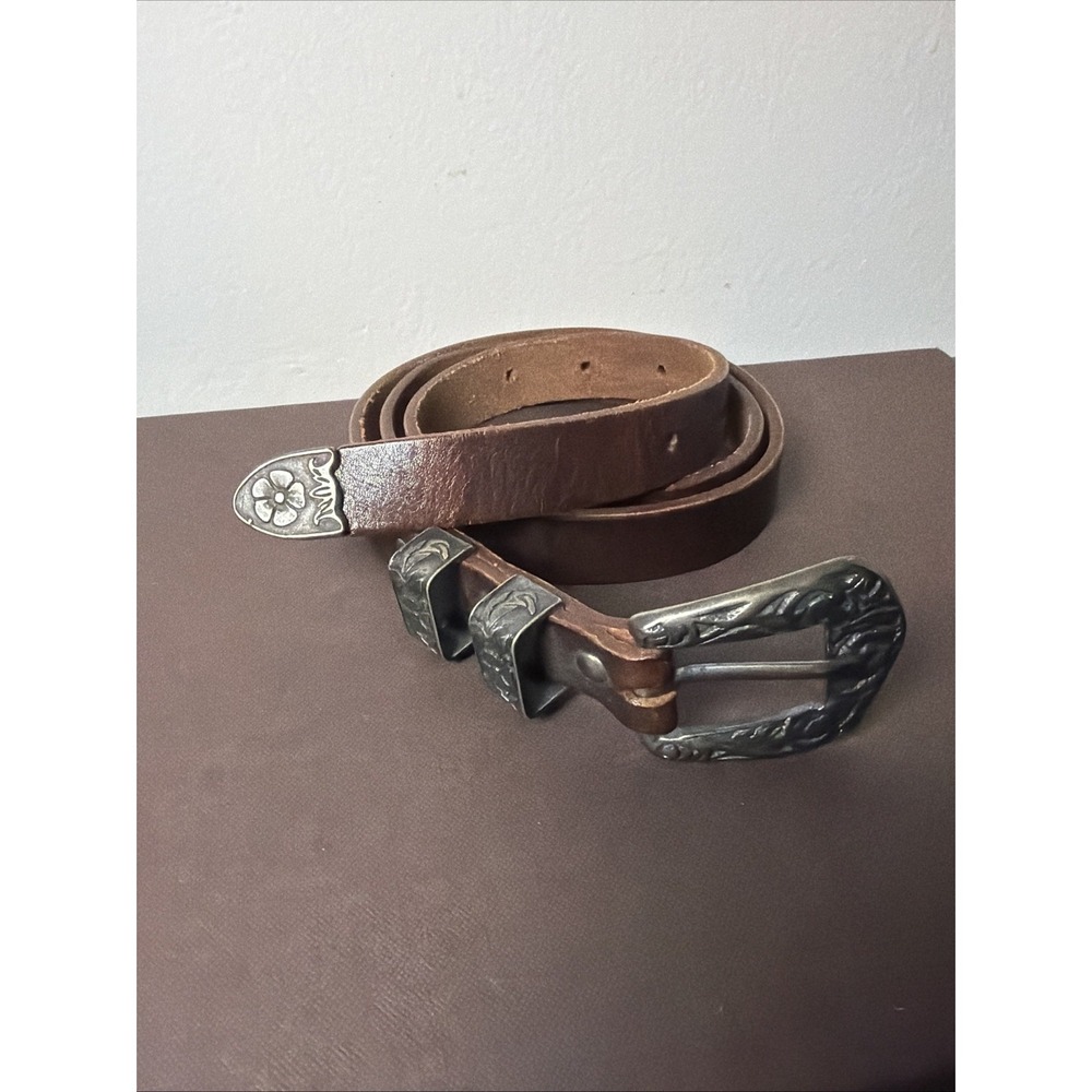 Vintage Banana Republic Safari Travel Brown Leather Metal Floral Buckle Sz 34